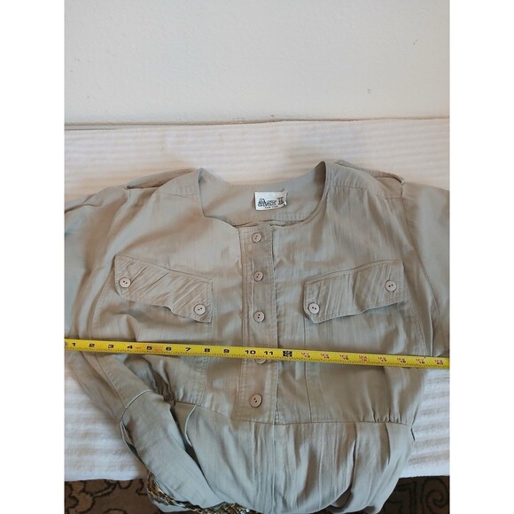 ACT I Womens Jumpsuit Beige Button Up Zipper Pockets 3/4 Sleeve Belt 90’s M - Picture 11 of 16
